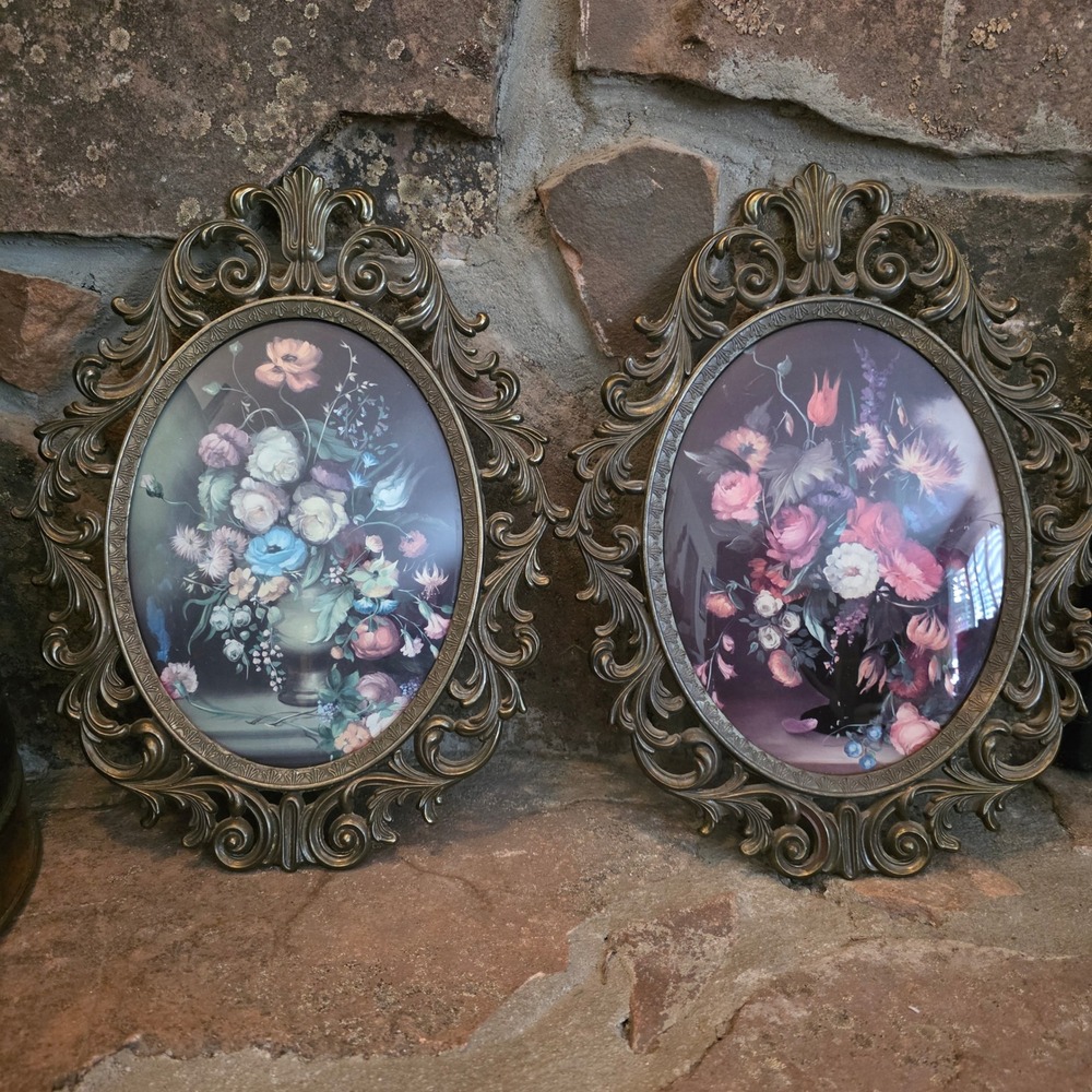 2 Vintage Ornate Brass Oval Wall Frames Floral Prints Convex Bubble Glass Italy